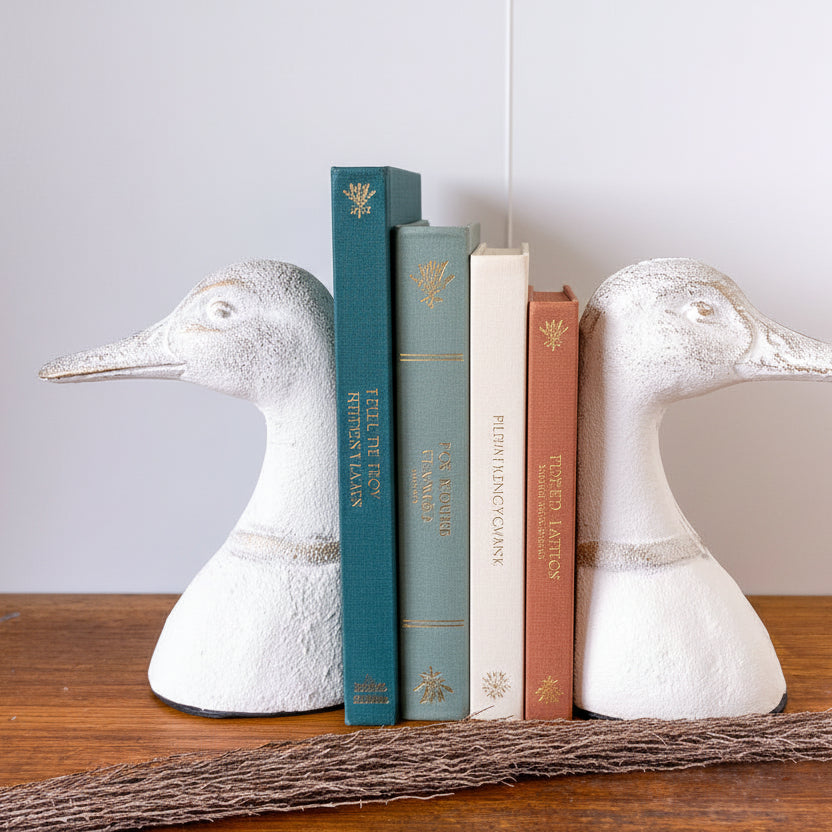 White duck-shaped bookends on a wooden surface with a white background