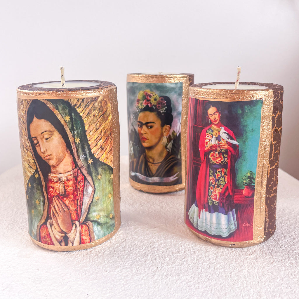 Clay prayer candle - Frida Kahlo or Lady of Guadalupe