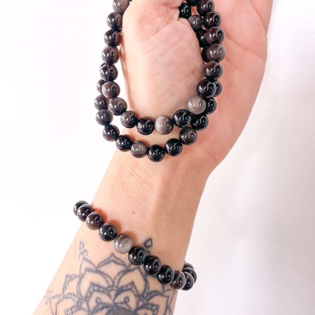 Silver sheen obsidian bead crystal bracelet - mystical