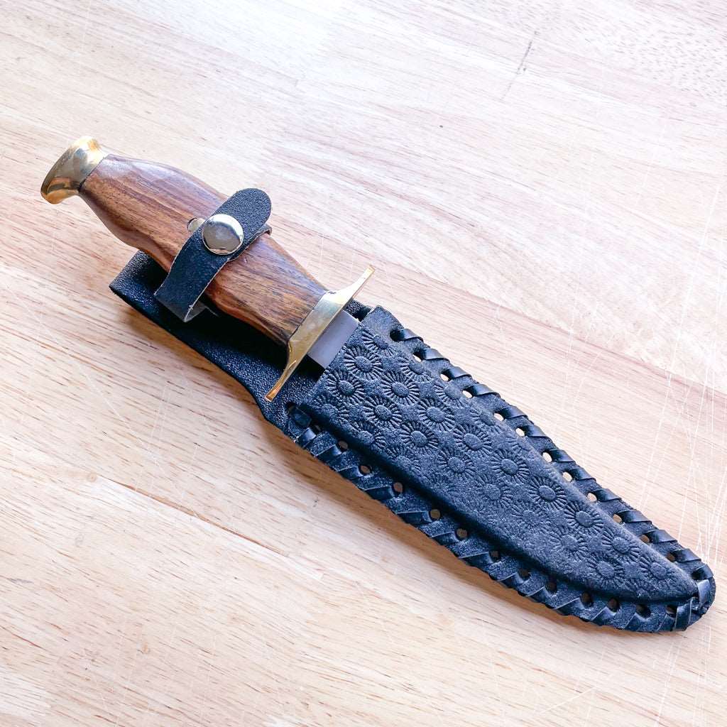 Brass and wood Hunting knife with leather sheath
