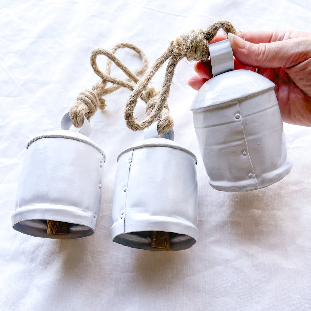 Set of 3 white cow bells wind chime