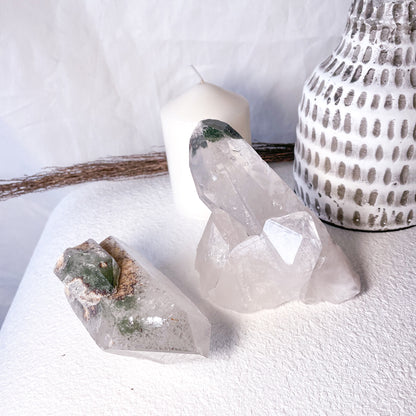 Phantom chlorite clear quartz crystal cluster point