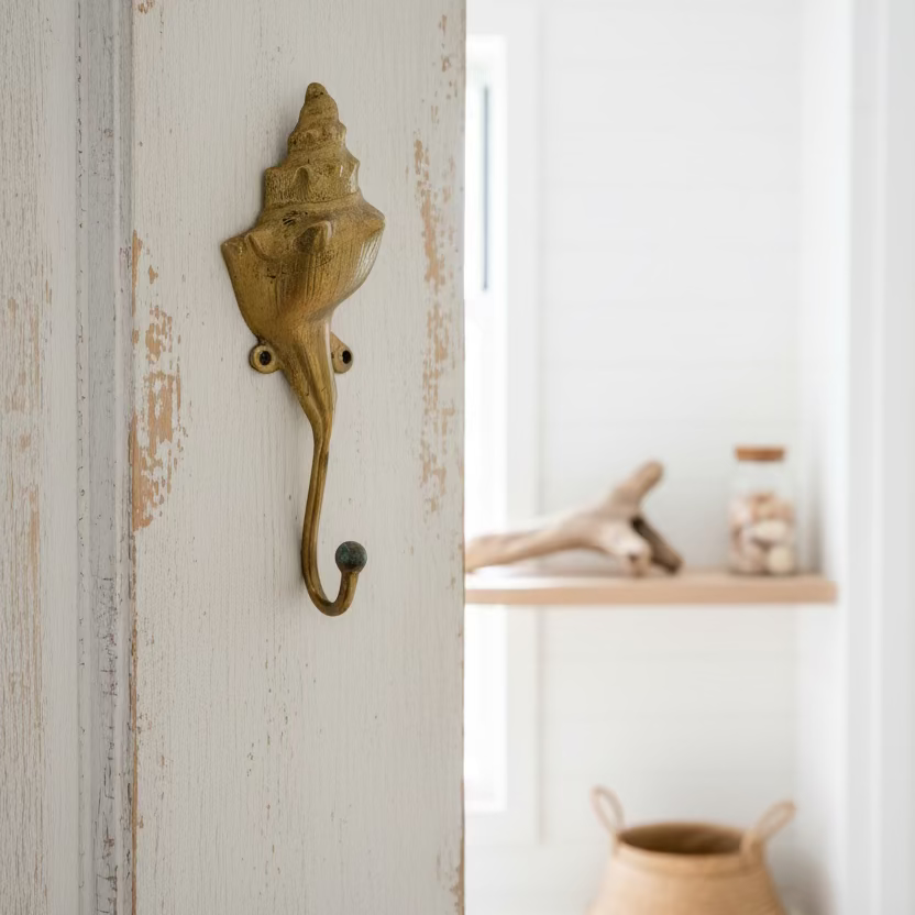 A vintage brass seashell wall hook mounted on a textured off-white wall.