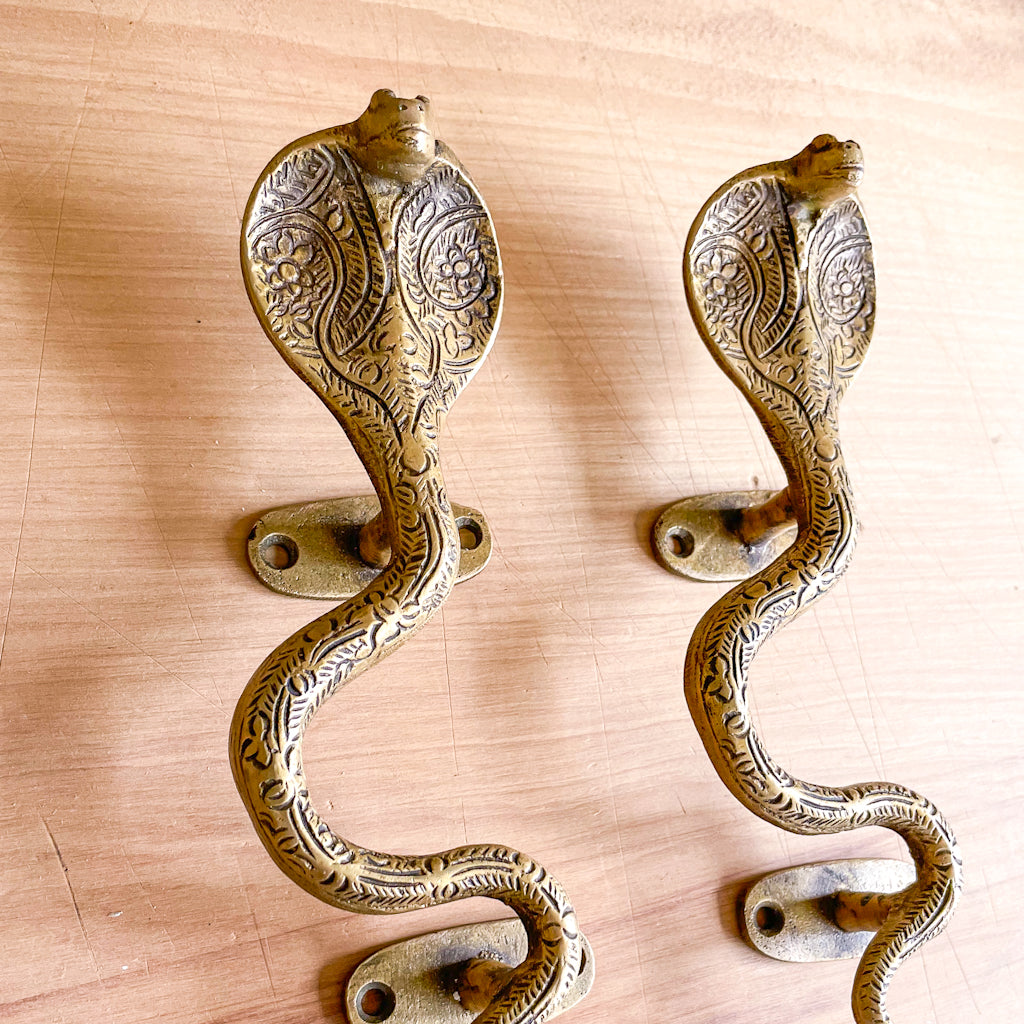 King cobra brass snake door handle wall hook