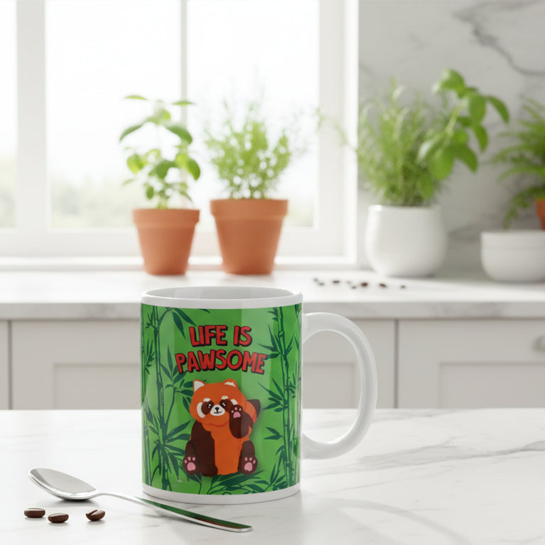 Mug with a red panda design and 'Life is Pawsome' text on a green background