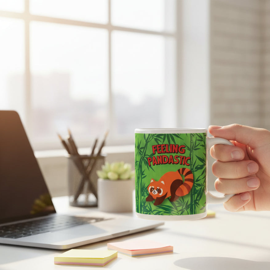 Mug with a red panda design and 'Feeling Pandastic' text on a green background