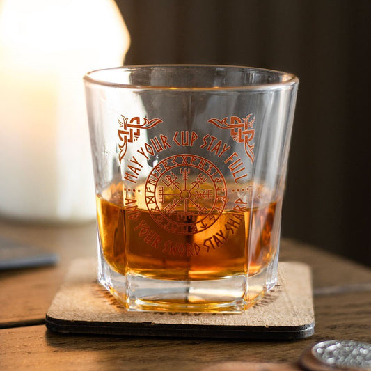 Viking compass / Vegvisir whisky glass and cork coaster