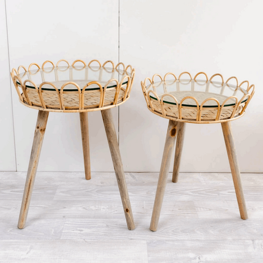 Cane, rattan and glass top side wood table