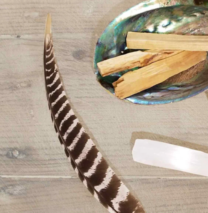 Palo santo wood incense smudge stick, crystal and feather bundle