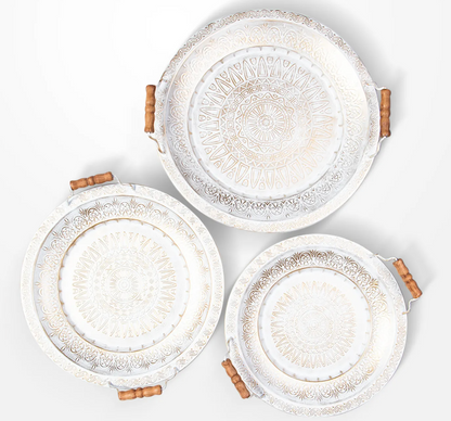 Pressed metal white washed brass tea tray with wooden handles