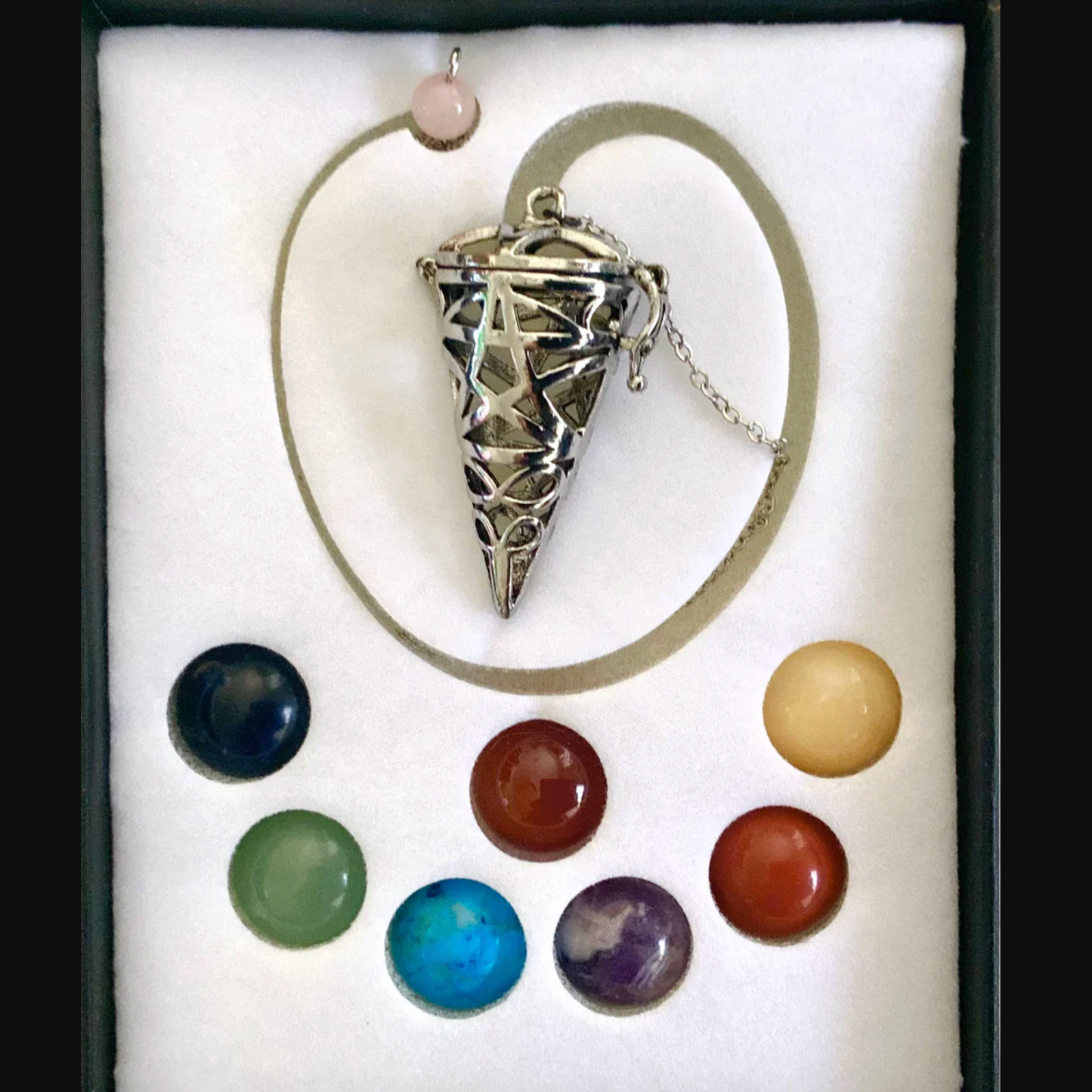 Pentagram pendulum with 7 chakra crystals