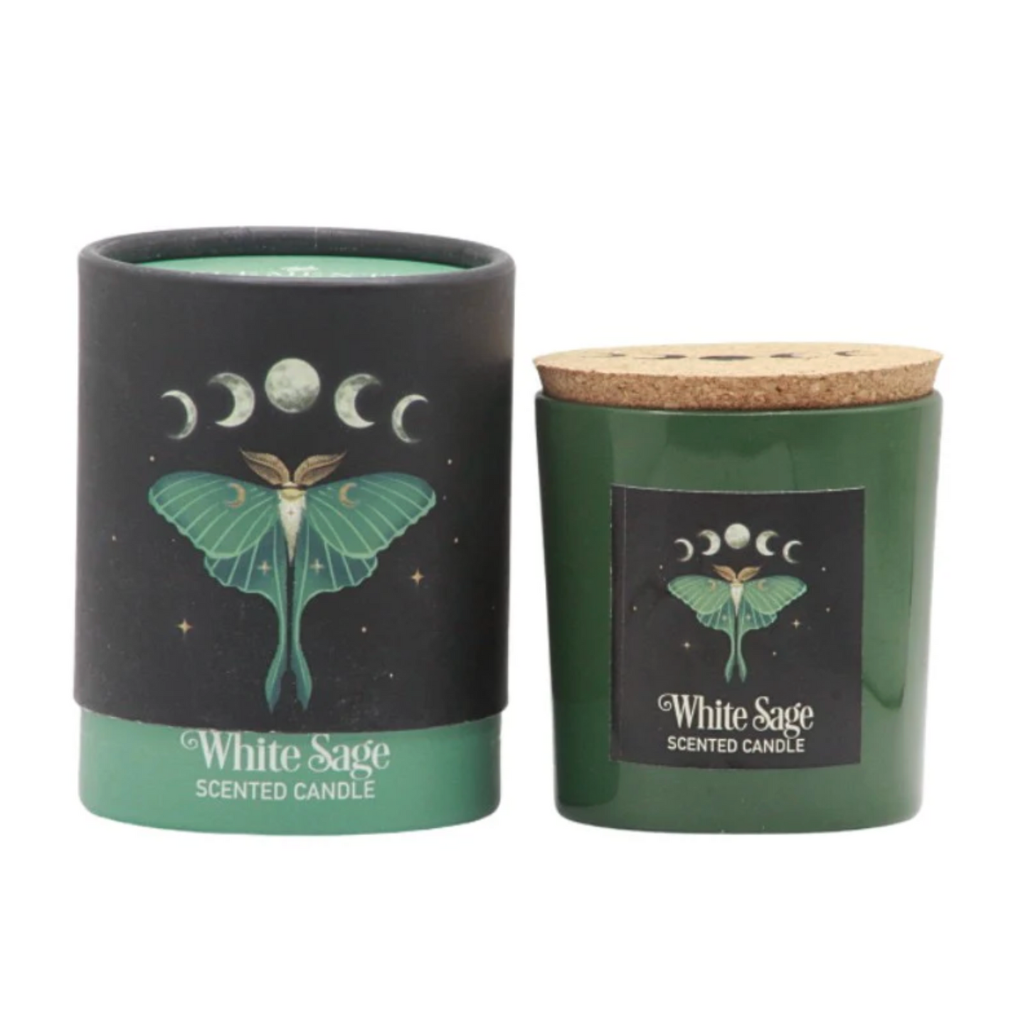 White sage moth glass candle