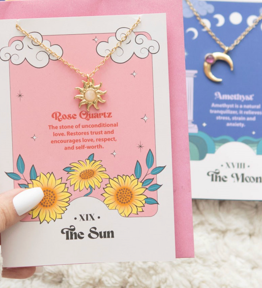 Rose quartz sun / Amethyst moon crystal pendant necklace with greeting card