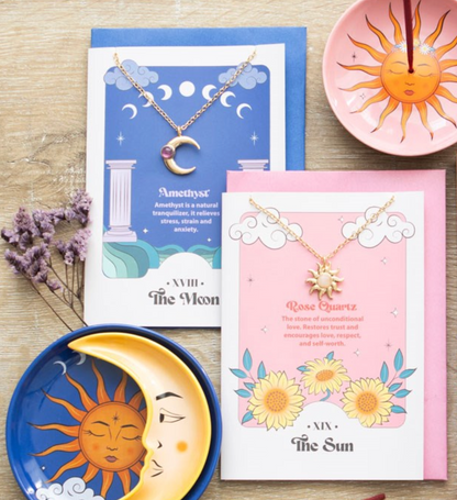 Rose quartz sun / Amethyst moon crystal pendant necklace with greeting card