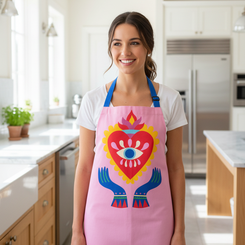 Pink apron with colorful design on a white background