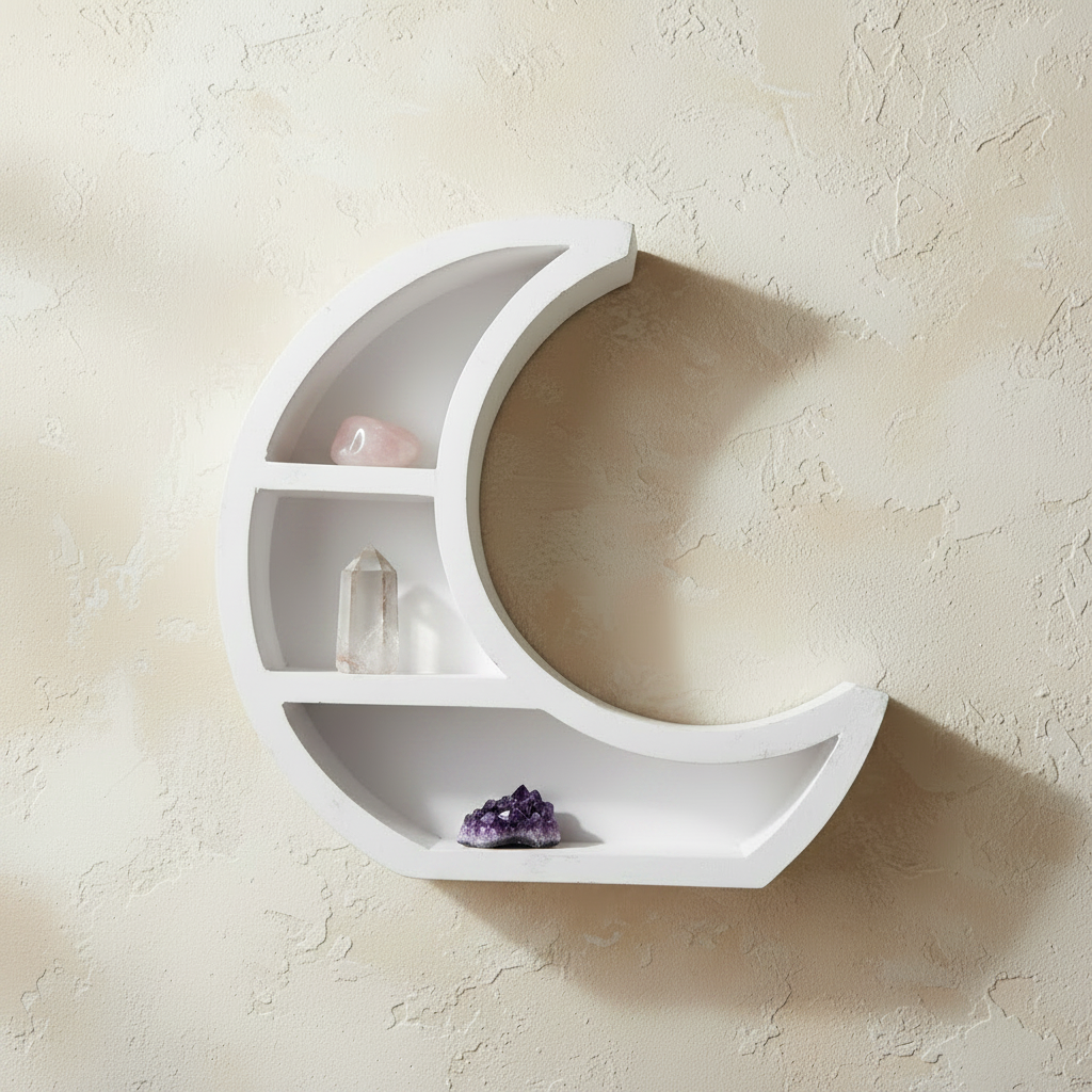 A white crescent moon-shaped wall shelf with three tiers, shown against a plain white background.