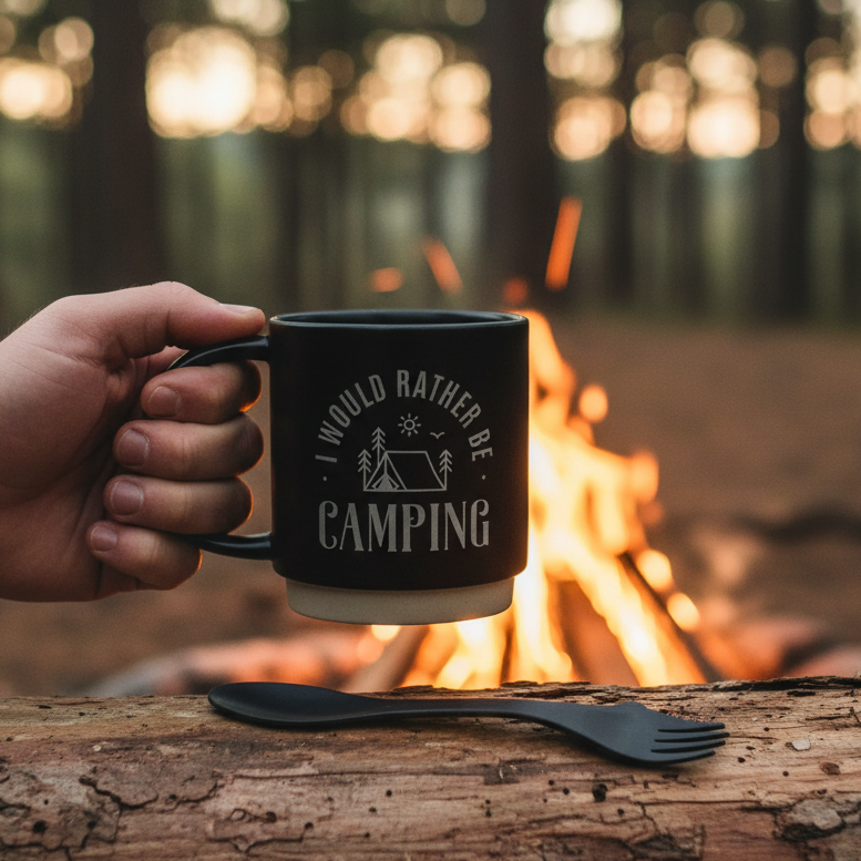 A black ceramic mug with a white printed graphic that reads 'I WOULD RATHER BE CAMPING' with a tent and trees, shown next to a matching black spork