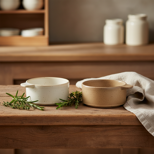Two small round ceramic bowls with side handles, shown against a plain white background. The top bowl has a warm off-white or cream glaze, and the bottom bowl has a speckled tan or light brown glaze.