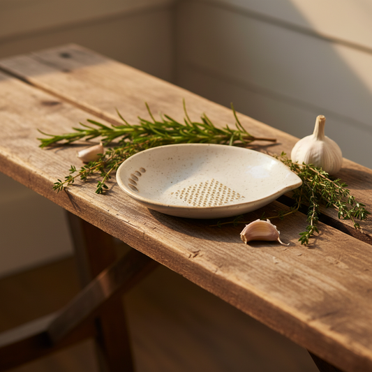 Handmade ceramic cook’s herb stripper / garlic spice grater dish