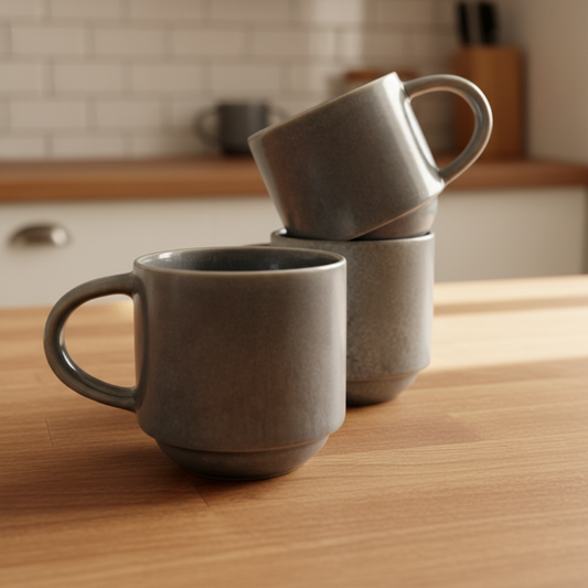 Blue gray ceramic mugs with rounded handles and thick bases.