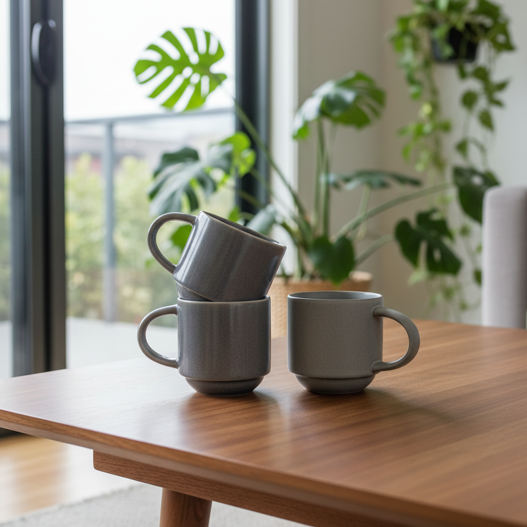 Matte blue gray ceramic mugs with a textured finish.