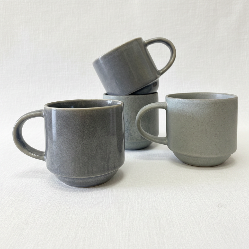 Four matte blue gray ceramic mugs with a textured finish, arranged on a clean white background. One mug in the foreground is upright, another is stacked on top of a third, and a fourth sits to the right.