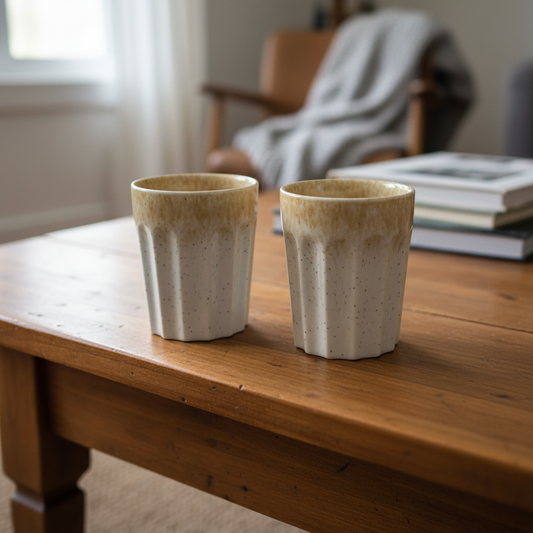 Two handmade ceramic tumblers with a fluted design, featuring a white lower body with subtle speckles and a brown glazed upper section.