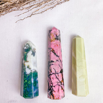 Trio of crystal ring holder towers - Moss agate, Rhodonite + Jade points bundle