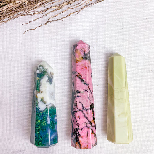 Trio of crystal ring holder towers - Moss agate, Rhodonite + Jade points bundle