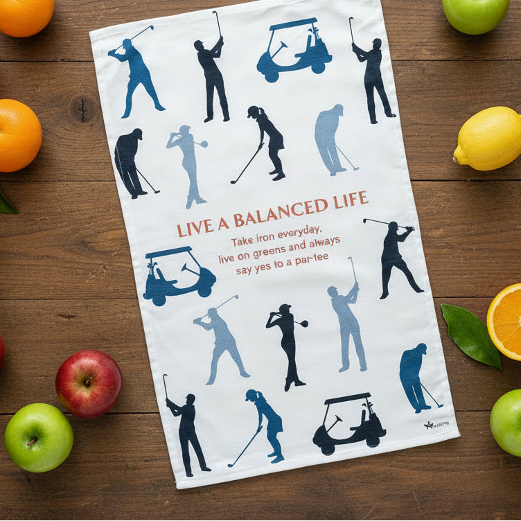Tea towel with golf-themed design and motivational text on a white background.