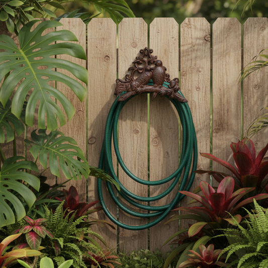 Green garden hose coiled on a decorative holder against a wooden fence with lush plants.