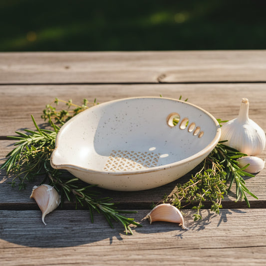 A handmade herb stripper and grater ceramic dish with a speckled cream glaze.
