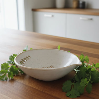 A small speckled ceramic bowl with a pouring spout, herb stripper holes and a grater on the bottom, resting on a wooden surface.