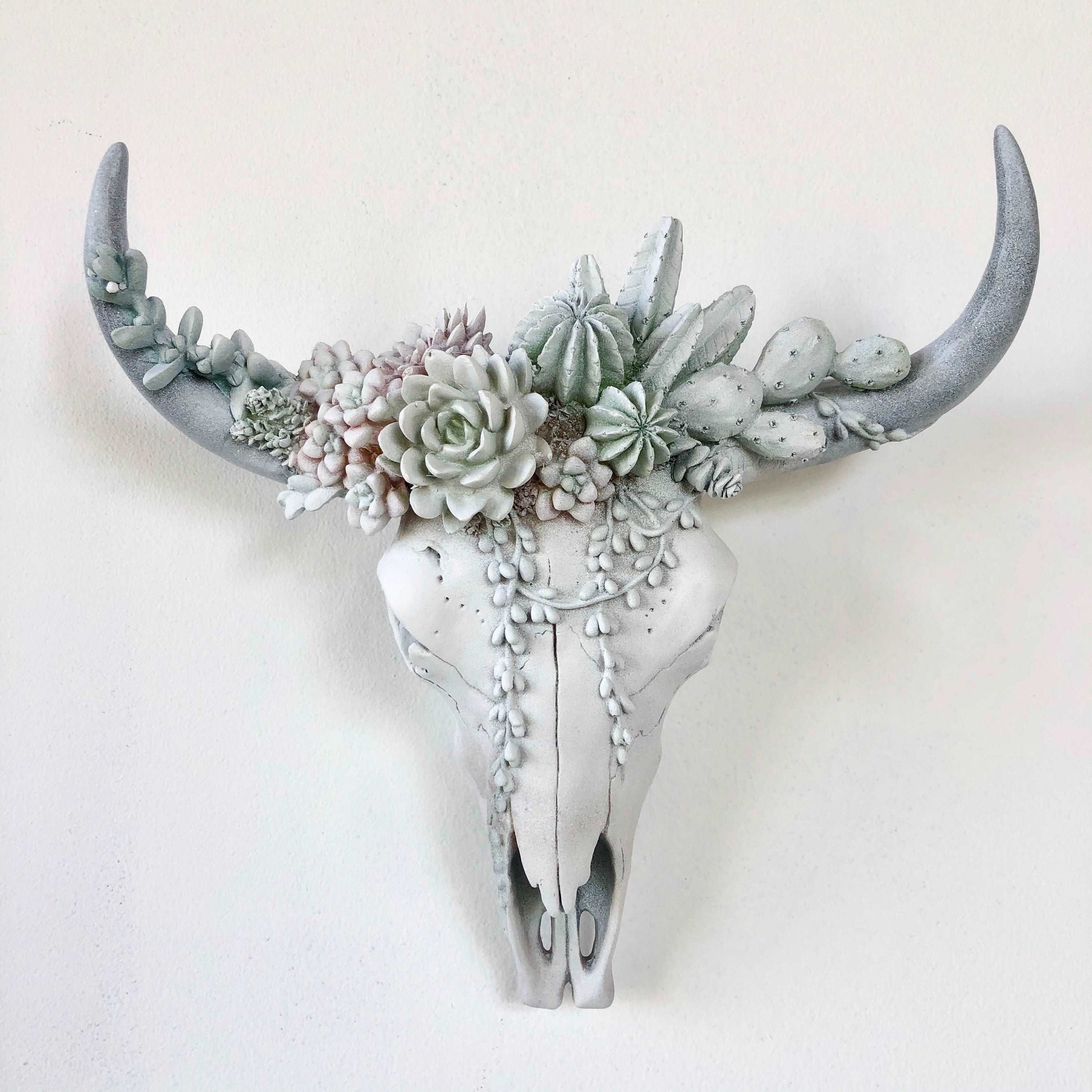 Bohemian succulent crown cow / bull skull wall hanging