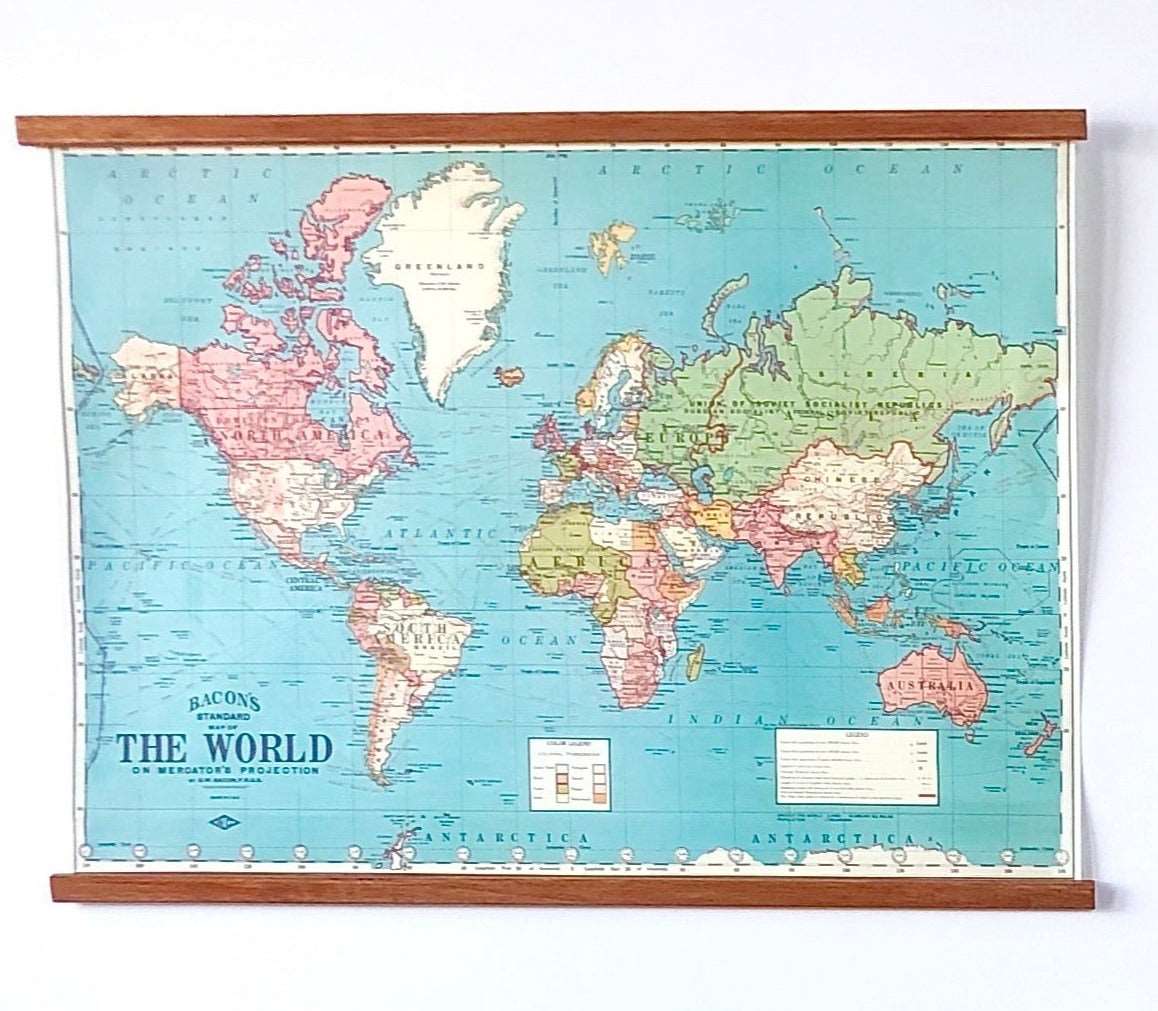 Bacons the world map vintage chart poster print