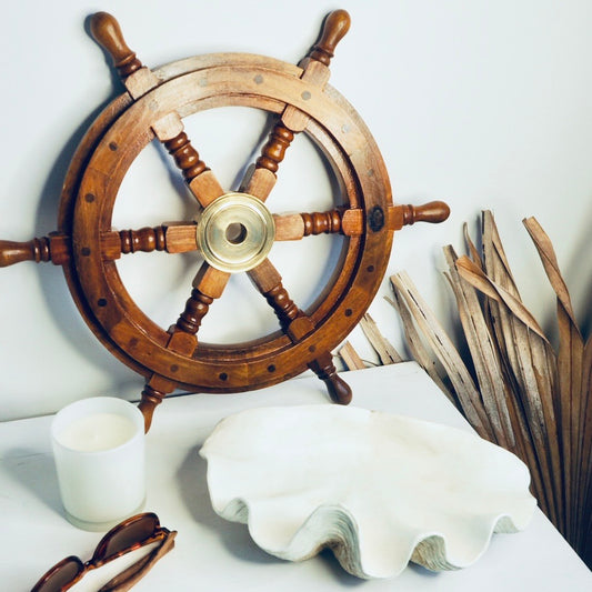 Antique coastal decor boat wheel brass & wood statue
