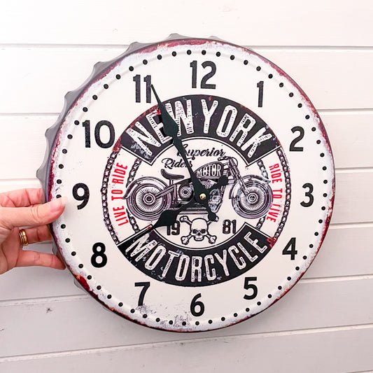 New York Motorcycle club skull wall clock
