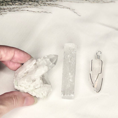 Crystal gift bundle - CLEANSE - Clear Quartz cluster, pendant + Selenite raw