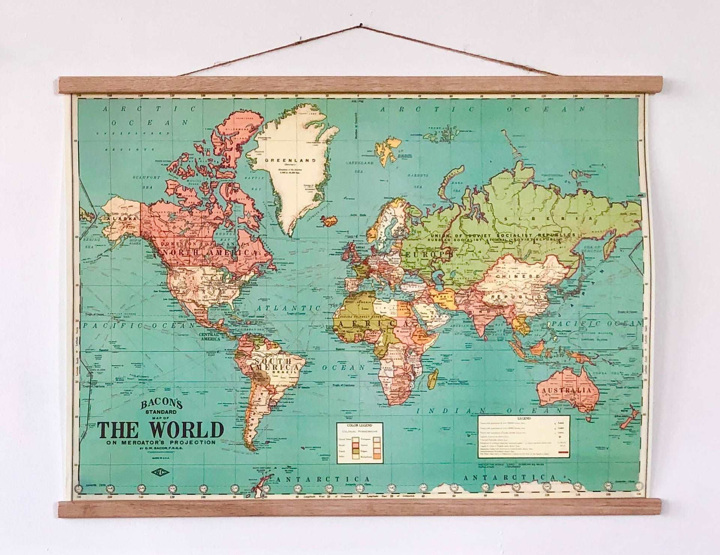 Bacons the world map vintage chart poster print