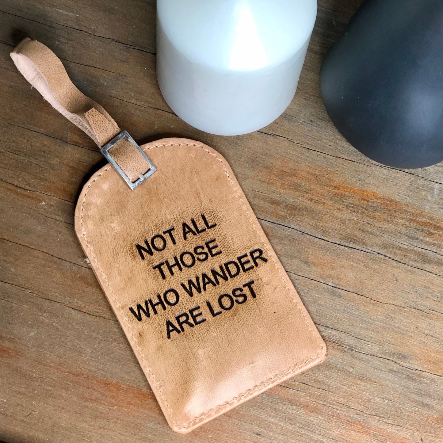 Not all who wander leather luggage tag