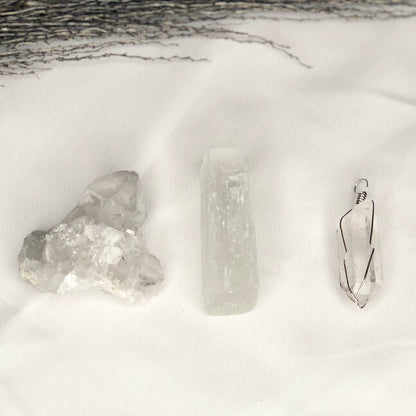 Crystal gift bundle - CLEANSE - Clear Quartz cluster, pendant + Selenite raw