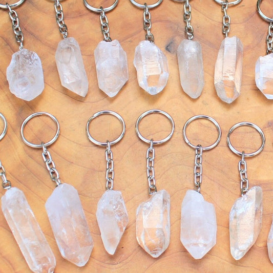Clear quartz crystal point key chain ring