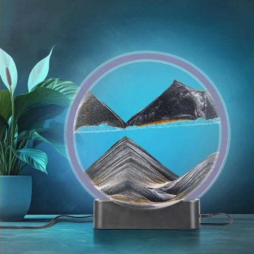Decorative lamp with mountain design on a blue background