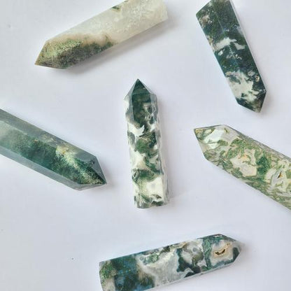 Moss agate crystal polished point tower