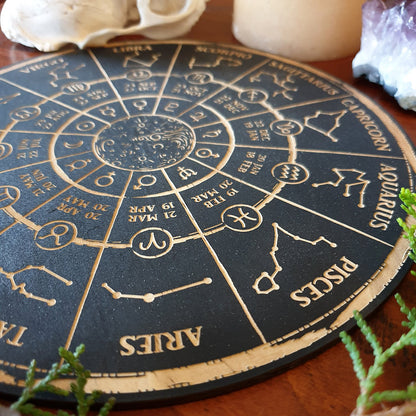 SET - Zodiac star sign / astrology crystal grid wooden with crystals