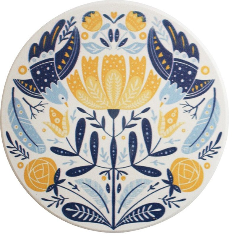 Blue bird floral ceramic coaster / tile
