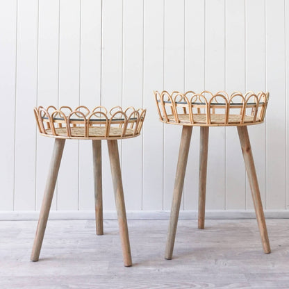 Cane, rattan and glass top side wood table