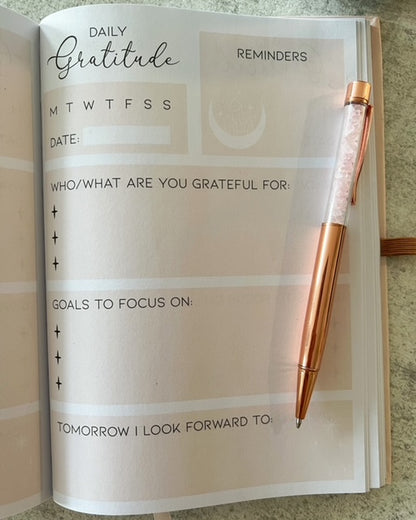 Rose quartz crystal pen and gratitude journal notebook set
