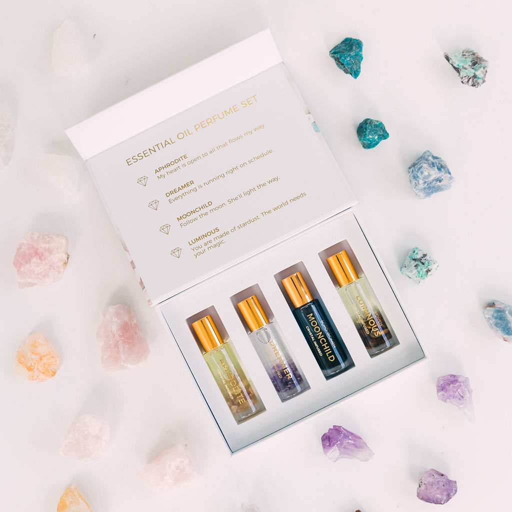 Crystal infused essential oil perfume roller