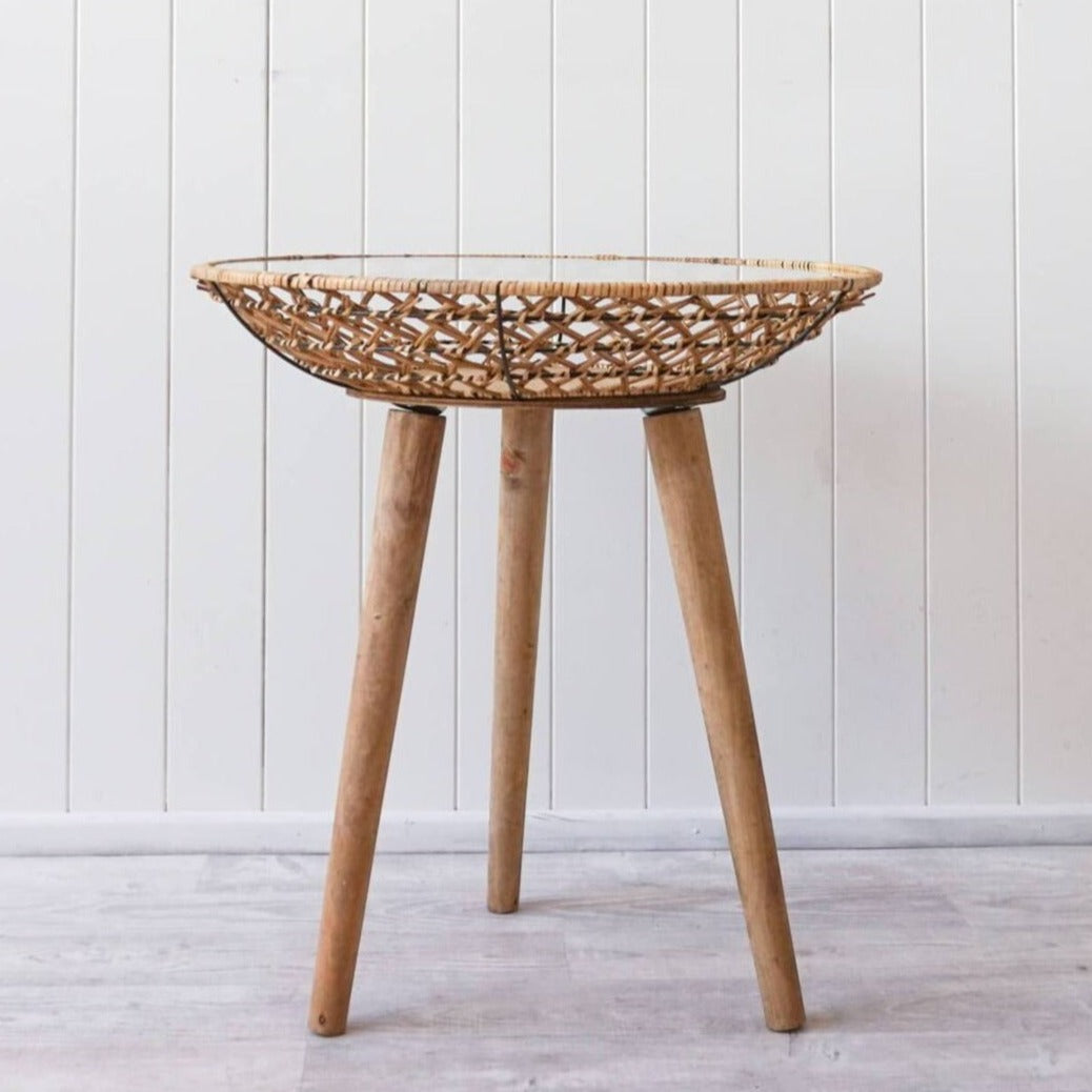 Weaved cane, rattan and glass top display table